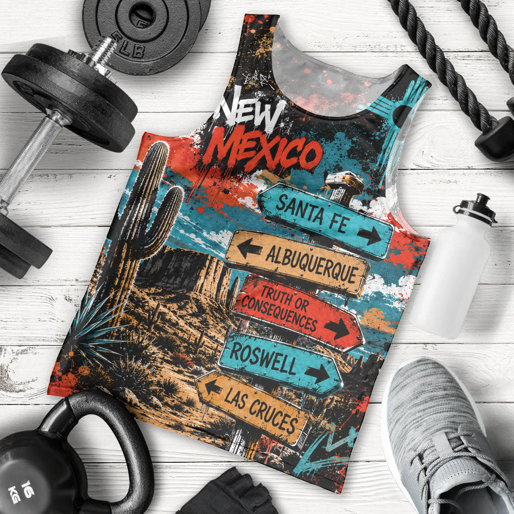 New Mexico Desert Road Sign Men Tank Top Zia Symbol Grunge Paint Splatter Travel Graphic