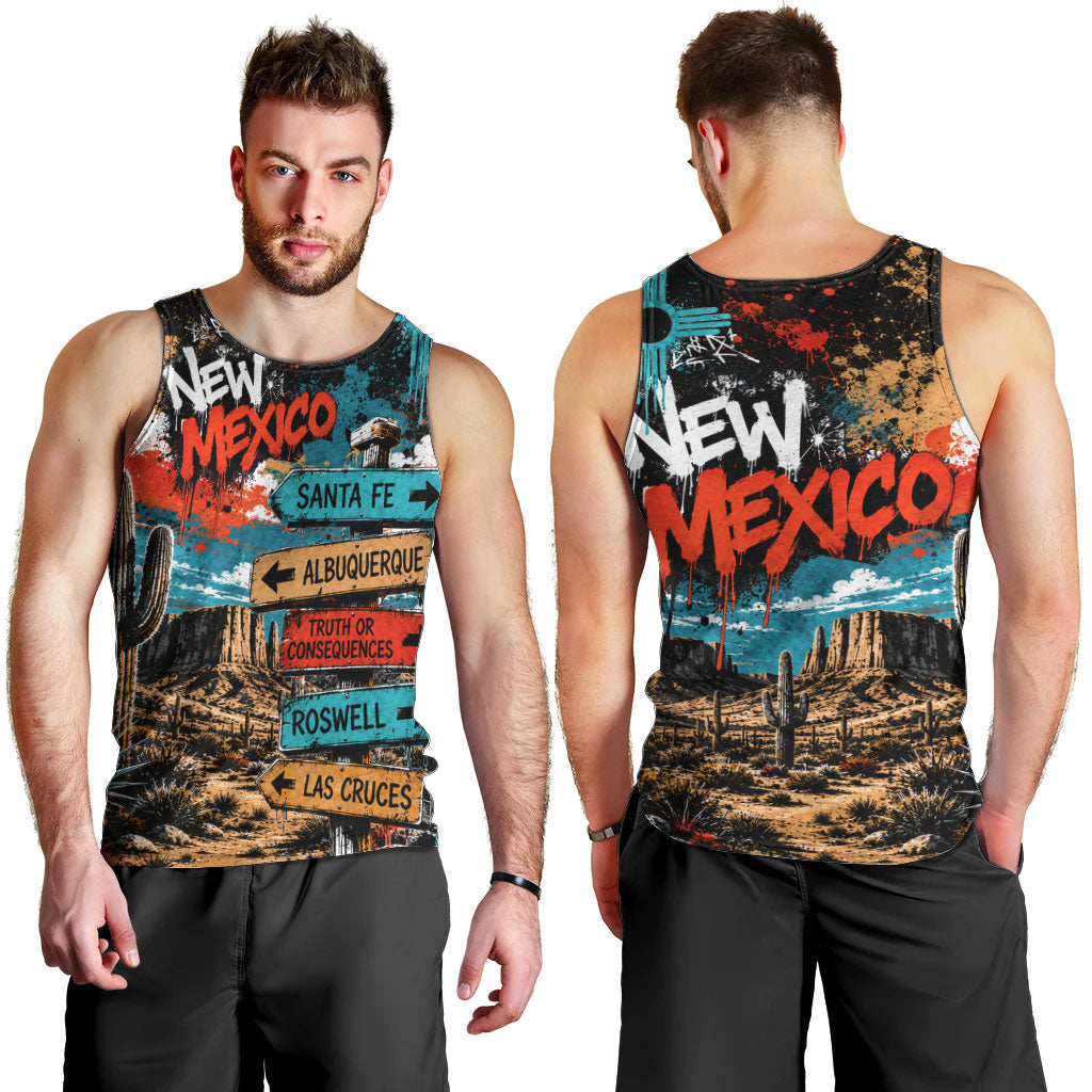 New Mexico Desert Road Sign Men Tank Top Zia Symbol Grunge Paint Splatter Travel Graphic