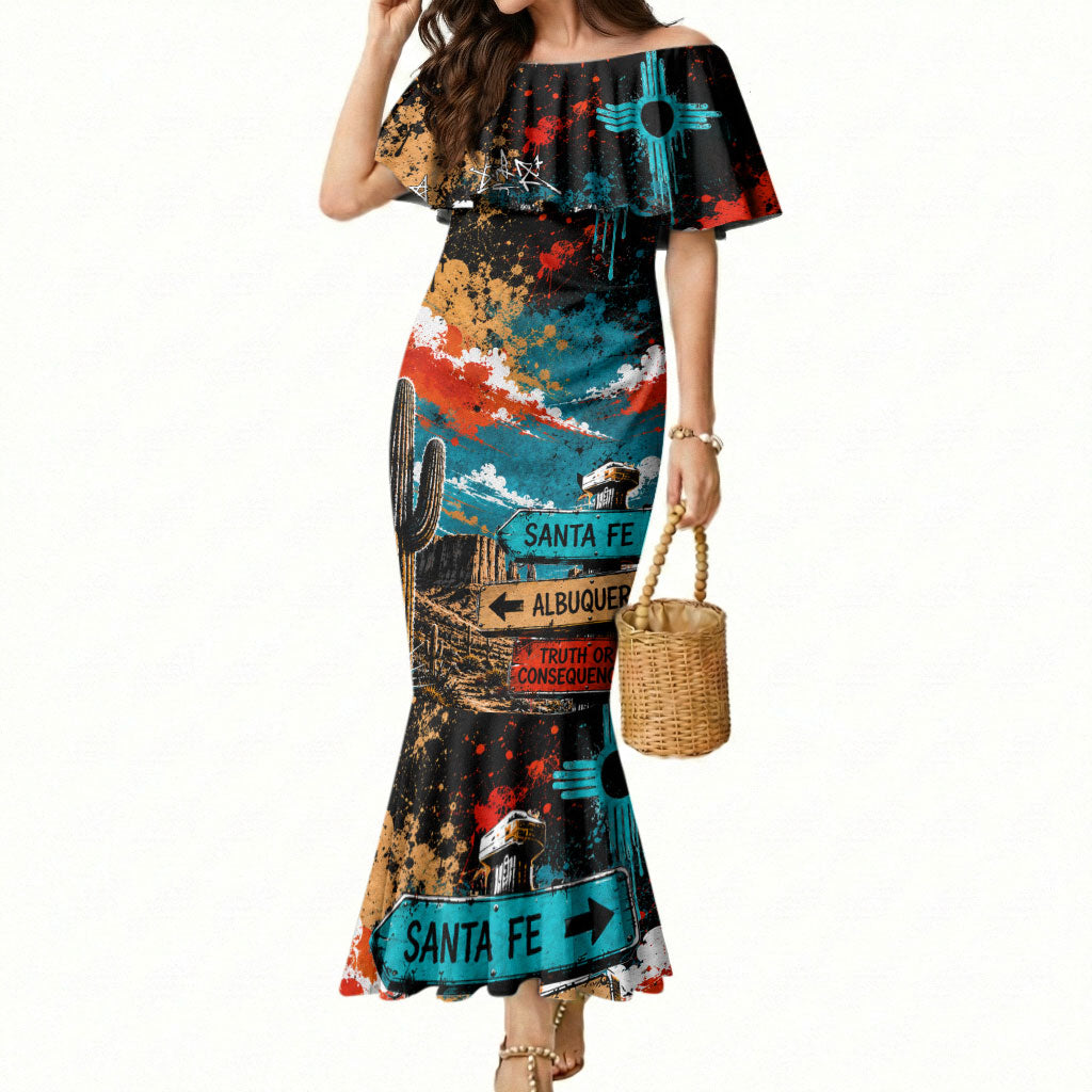 New Mexico Desert Road Sign Mermaid Dress Zia Symbol Grunge Paint Splatter Travel Graphic
