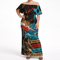 New Mexico Desert Road Sign Off Shoulder Maxi Dress Zia Symbol Grunge Paint Splatter Travel Graphic