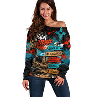 New Mexico Desert Road Sign Off Shoulder Sweater Zia Symbol Grunge Paint Splatter Travel Graphic