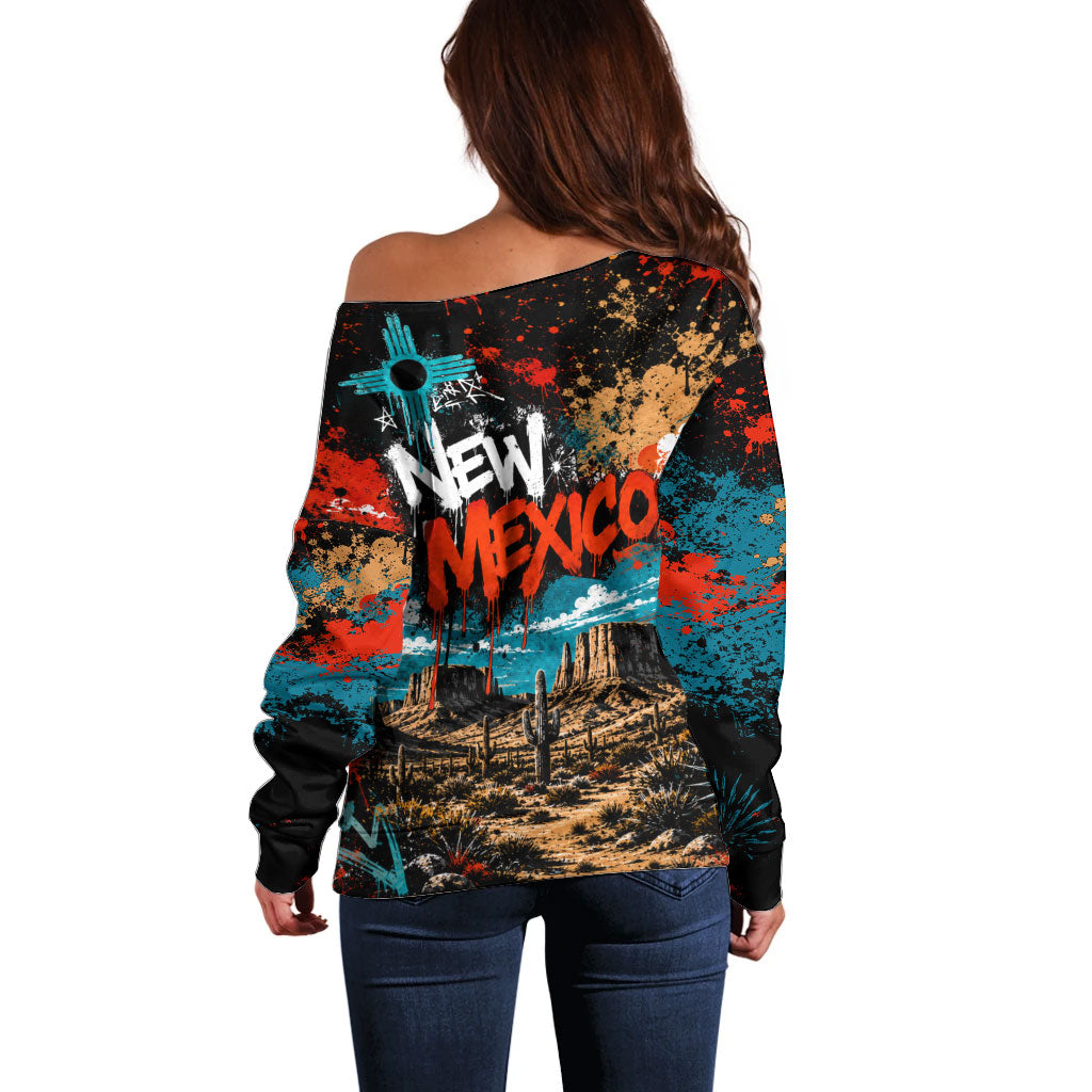 New Mexico Desert Road Sign Off Shoulder Sweater Zia Symbol Grunge Paint Splatter Travel Graphic