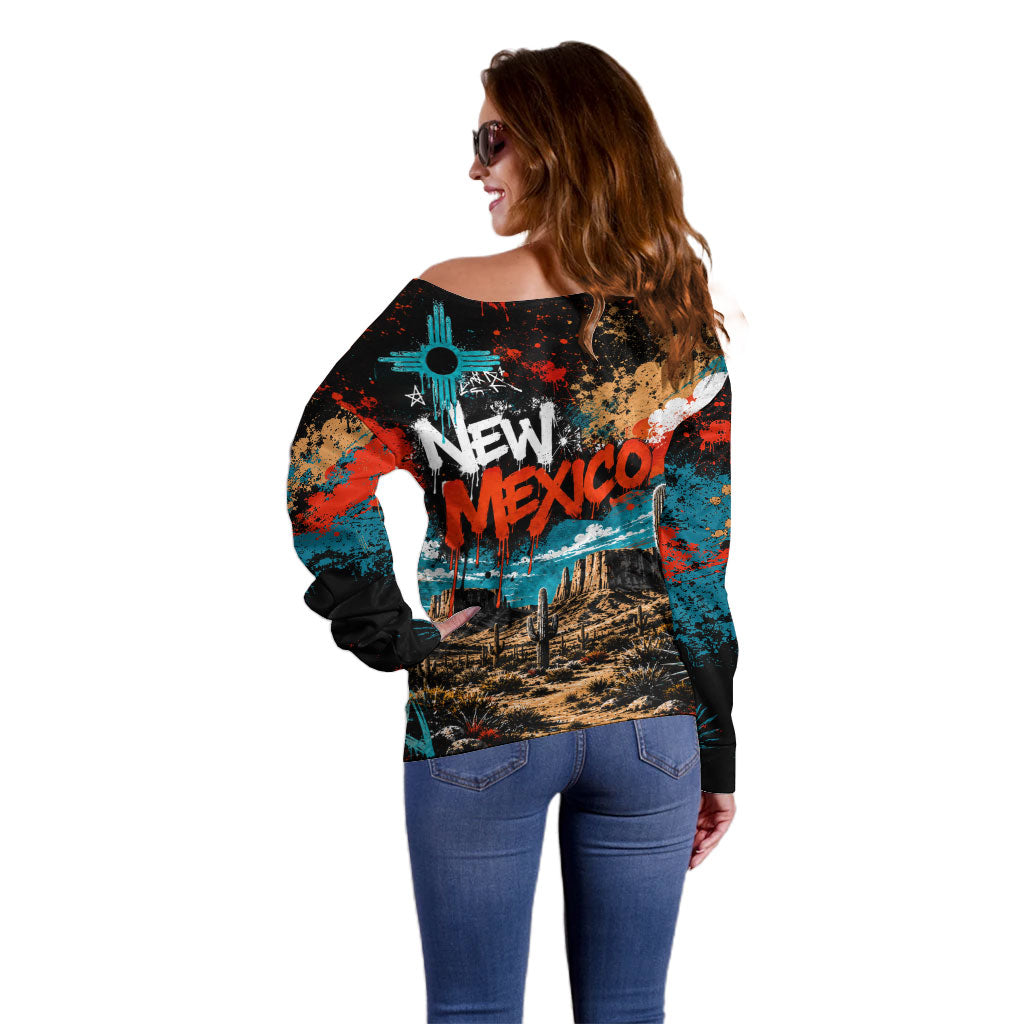 New Mexico Desert Road Sign Off Shoulder Sweater Zia Symbol Grunge Paint Splatter Travel Graphic