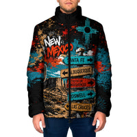 New Mexico Desert Road Sign Padded Jacket Zia Symbol Grunge Paint Splatter Travel Graphic