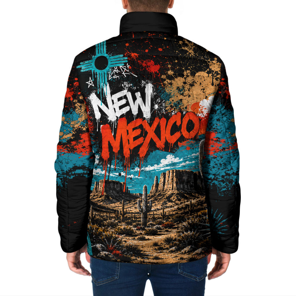 New Mexico Desert Road Sign Padded Jacket Zia Symbol Grunge Paint Splatter Travel Graphic