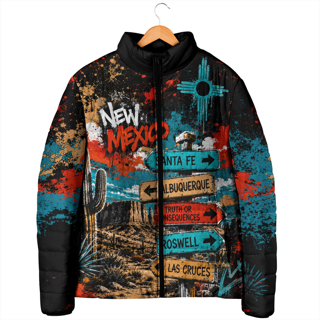 New Mexico Desert Road Sign Padded Jacket Zia Symbol Grunge Paint Splatter Travel Graphic