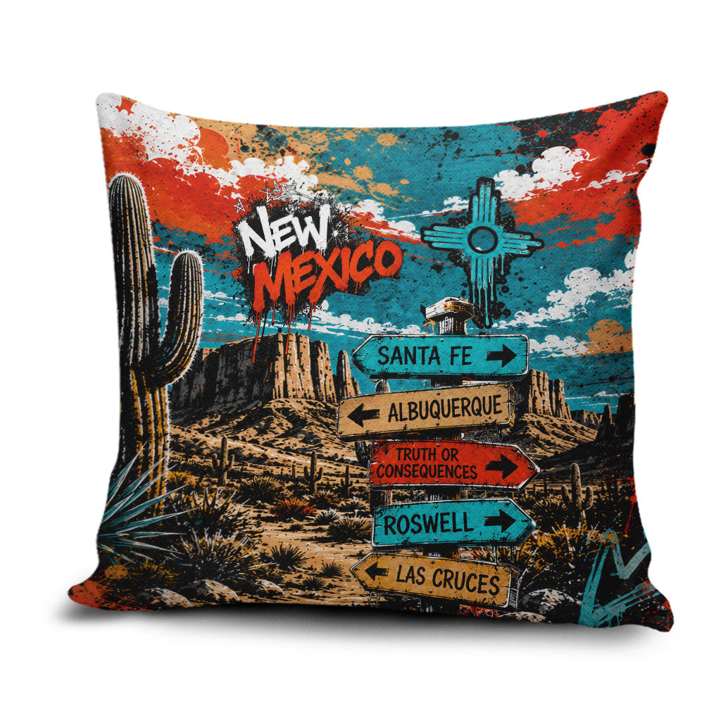 New Mexico Desert Road Sign Pillow Cover Zia Symbol Grunge Paint Splatter Travel Graphic