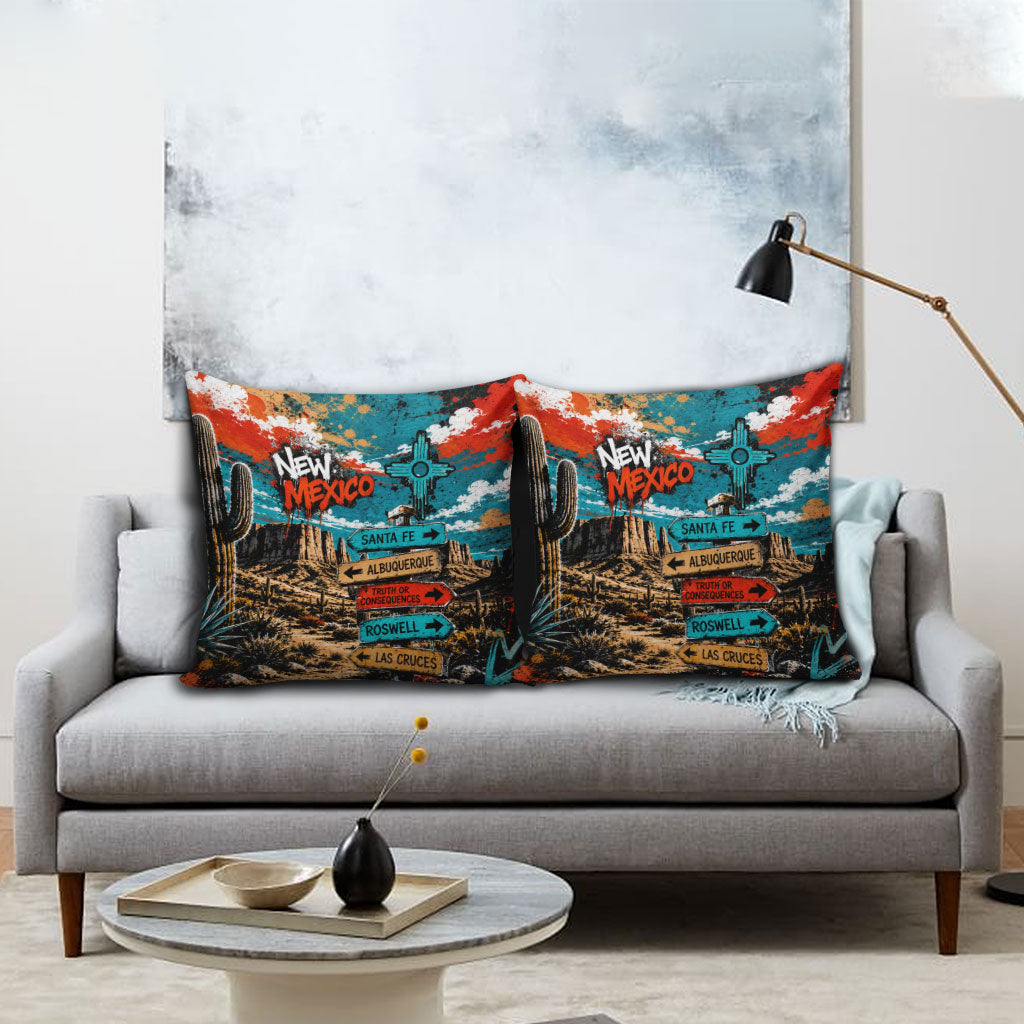 New Mexico Desert Road Sign Pillow Cover Zia Symbol Grunge Paint Splatter Travel Graphic