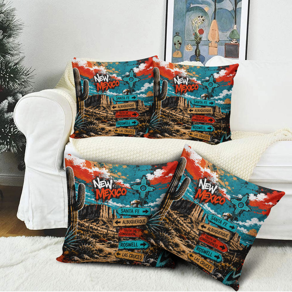 New Mexico Desert Road Sign Pillow Cover Zia Symbol Grunge Paint Splatter Travel Graphic