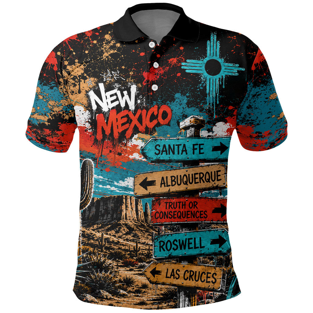 New Mexico Desert Road Sign Polo Shirt Zia Symbol Grunge Paint Splatter Travel Graphic