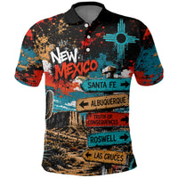 New Mexico Desert Road Sign Polo Shirt Zia Symbol Grunge Paint Splatter Travel Graphic