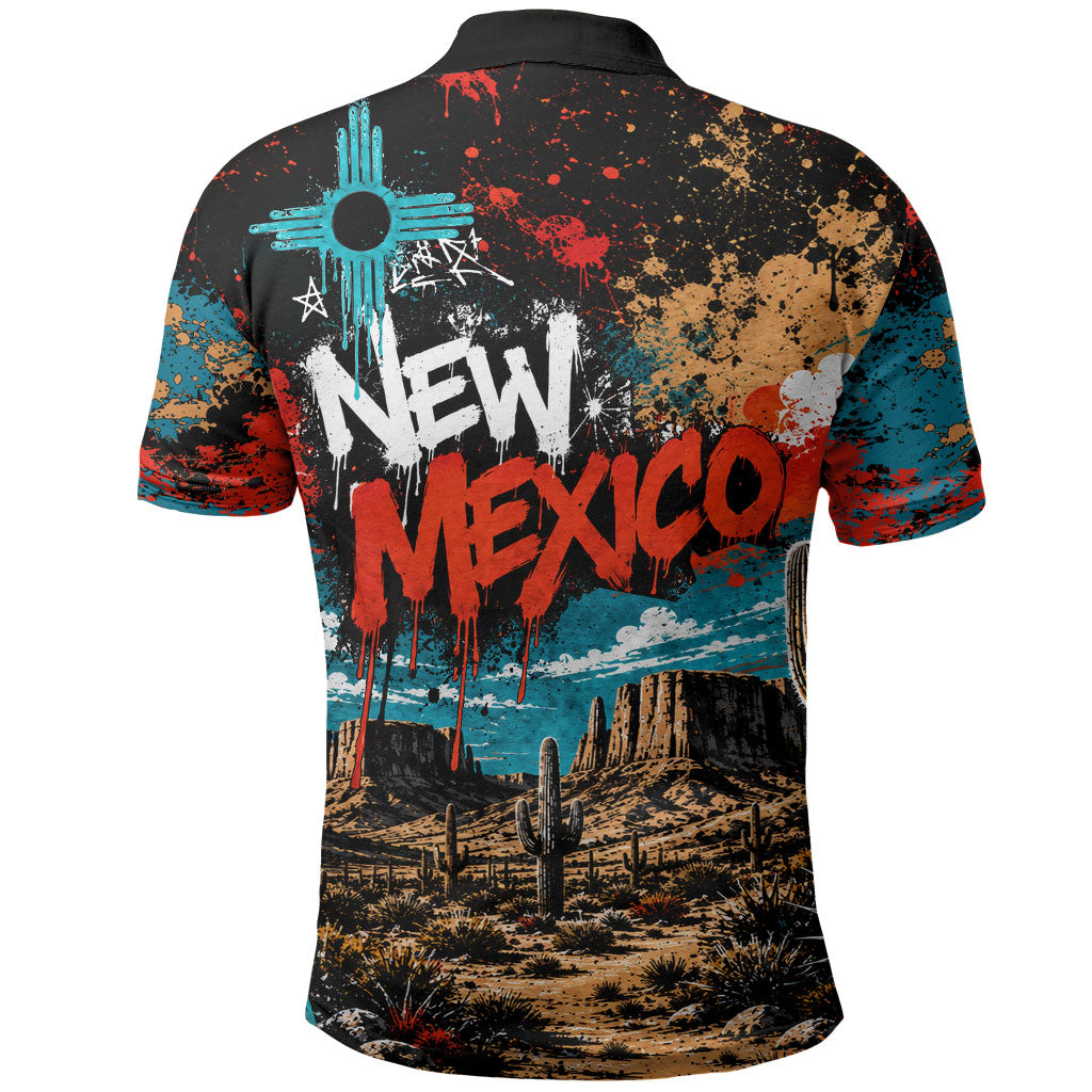 New Mexico Desert Road Sign Polo Shirt Zia Symbol Grunge Paint Splatter Travel Graphic