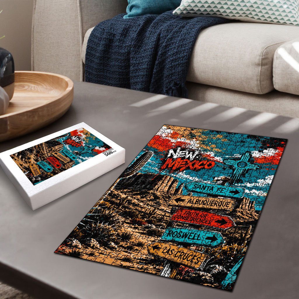 New Mexico Desert Road Sign Puzzle Zia Symbol Grunge Paint Splatter Travel Graphic