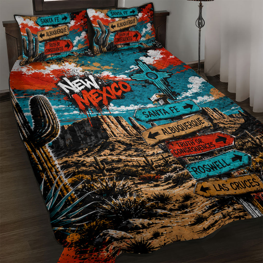 New Mexico Desert Road Sign Quilt Bed Set Zia Symbol Grunge Paint Splatter Travel Graphic