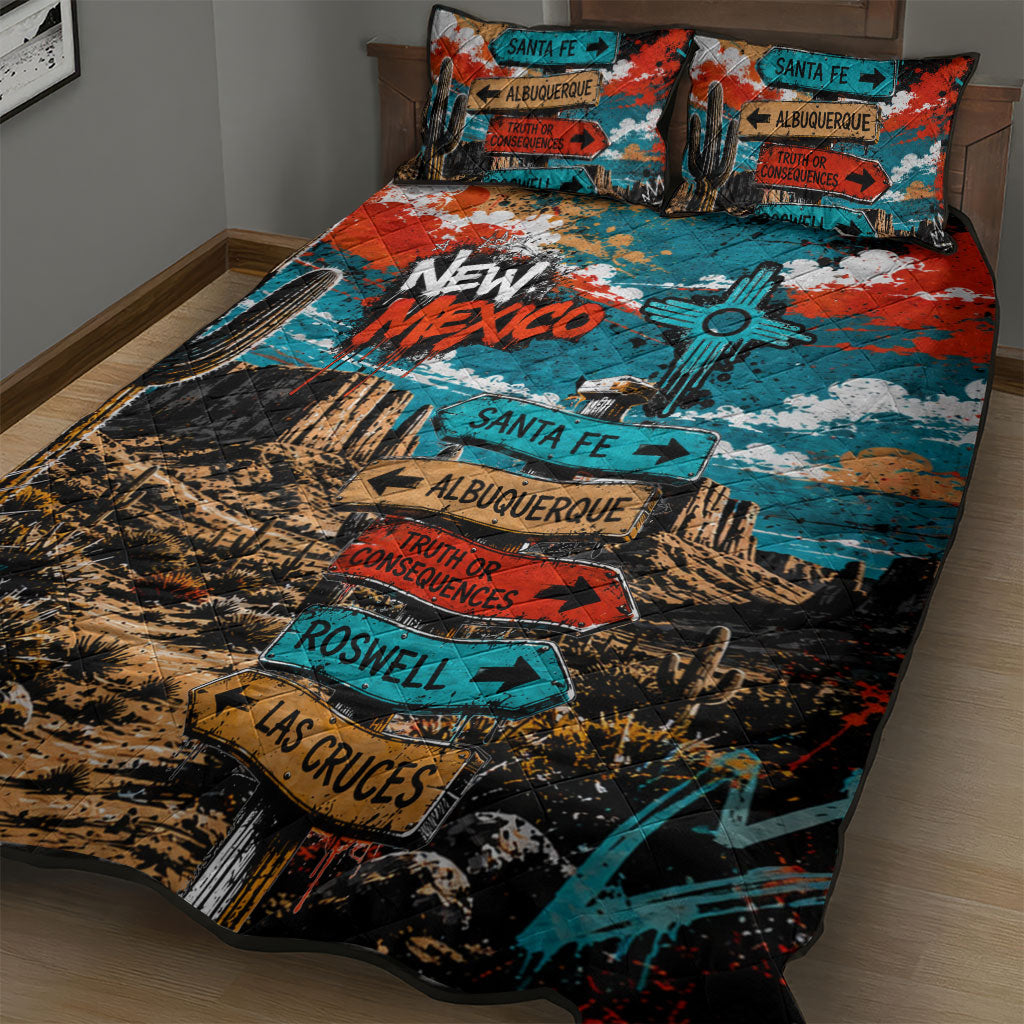 New Mexico Desert Road Sign Quilt Bed Set Zia Symbol Grunge Paint Splatter Travel Graphic