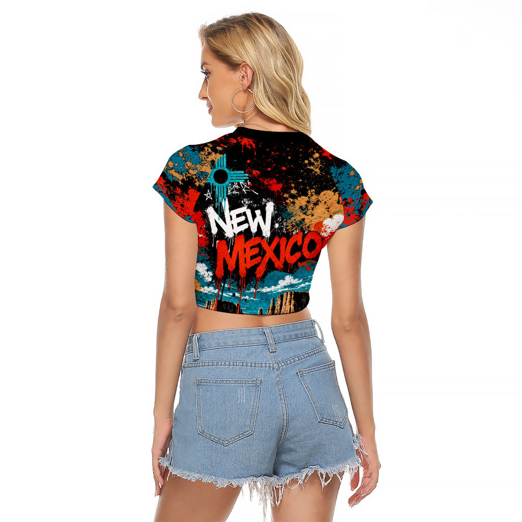New Mexico Desert Road Sign Raglan Cropped T Shirt Zia Symbol Grunge Paint Splatter Travel Graphic