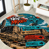 New Mexico Desert Road Sign Round Carpet Zia Symbol Grunge Paint Splatter Travel Graphic