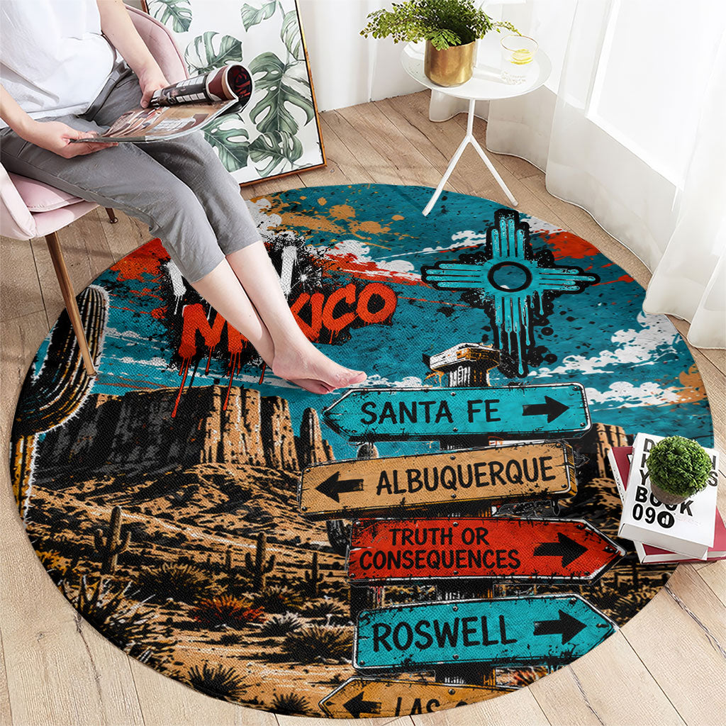New Mexico Desert Road Sign Round Carpet Zia Symbol Grunge Paint Splatter Travel Graphic