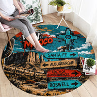 New Mexico Desert Road Sign Round Carpet Zia Symbol Grunge Paint Splatter Travel Graphic