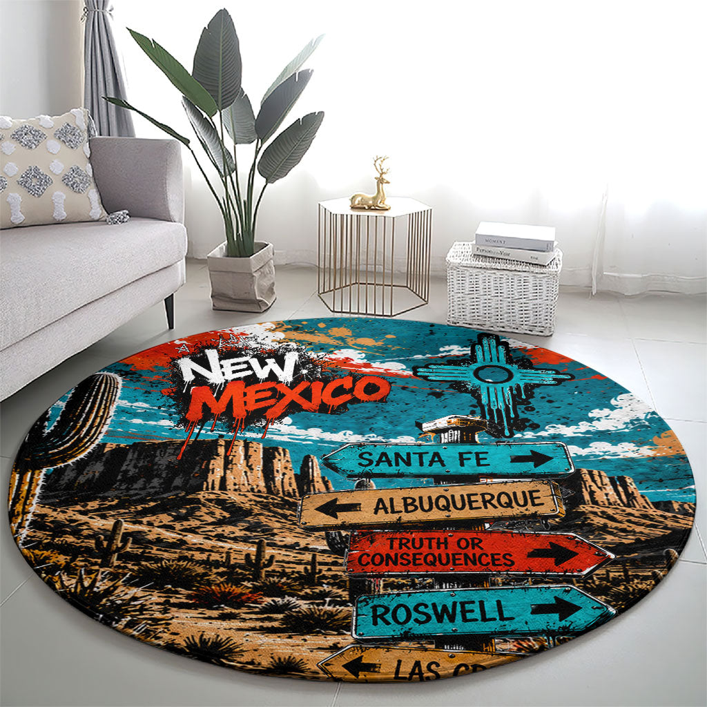 New Mexico Desert Road Sign Round Carpet Zia Symbol Grunge Paint Splatter Travel Graphic