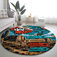New Mexico Desert Road Sign Round Carpet Zia Symbol Grunge Paint Splatter Travel Graphic