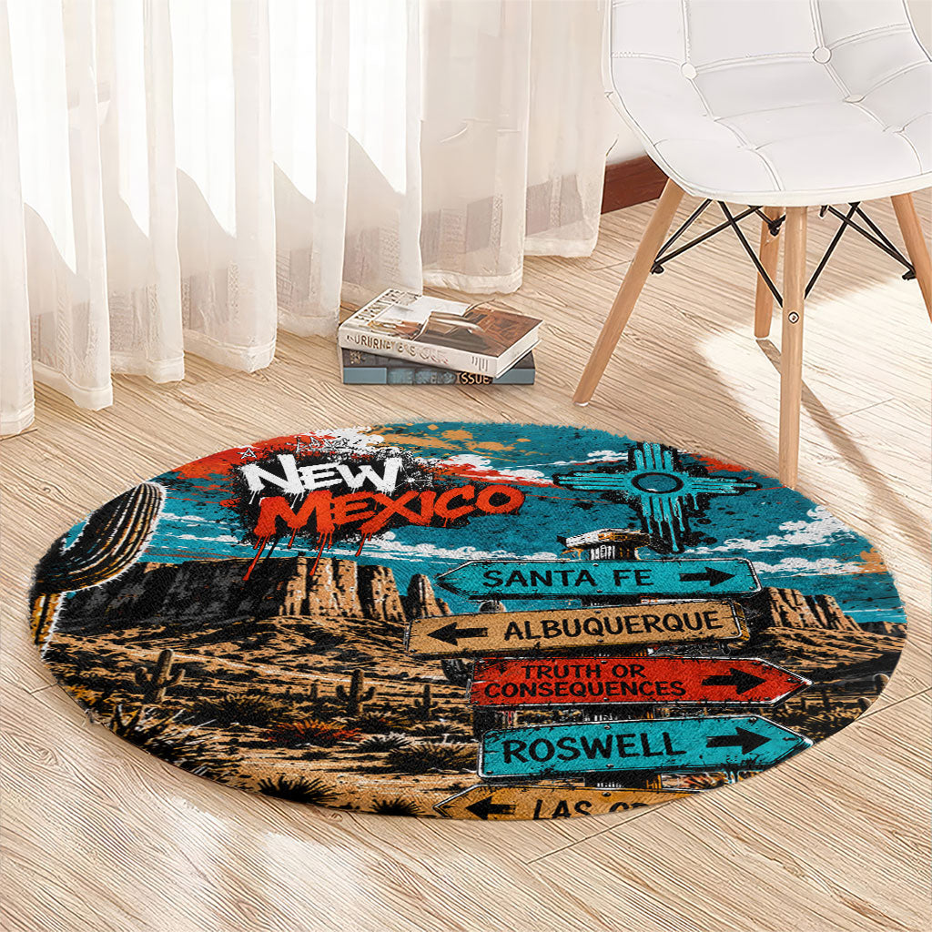 New Mexico Desert Road Sign Round Carpet Zia Symbol Grunge Paint Splatter Travel Graphic