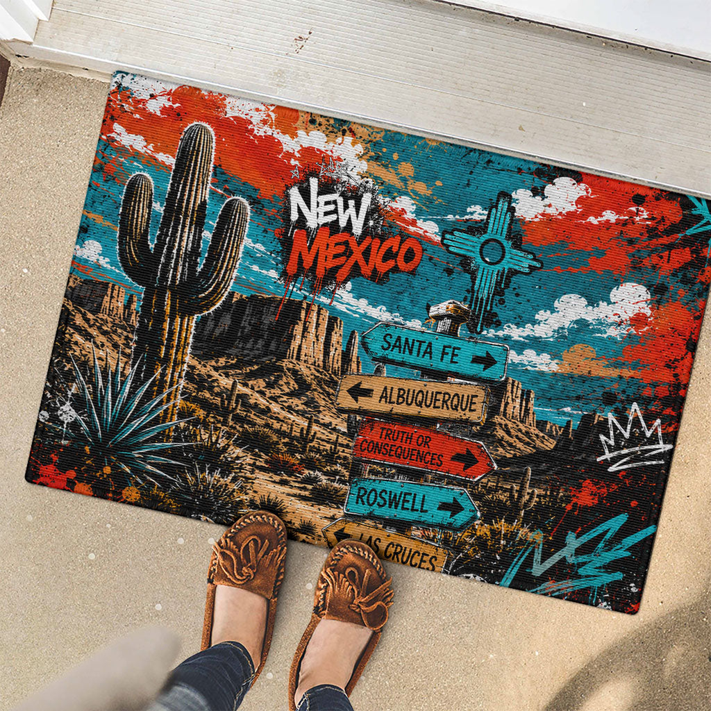 New Mexico Desert Road Sign Rubber Doormat Zia Symbol Grunge Paint Splatter Travel Graphic