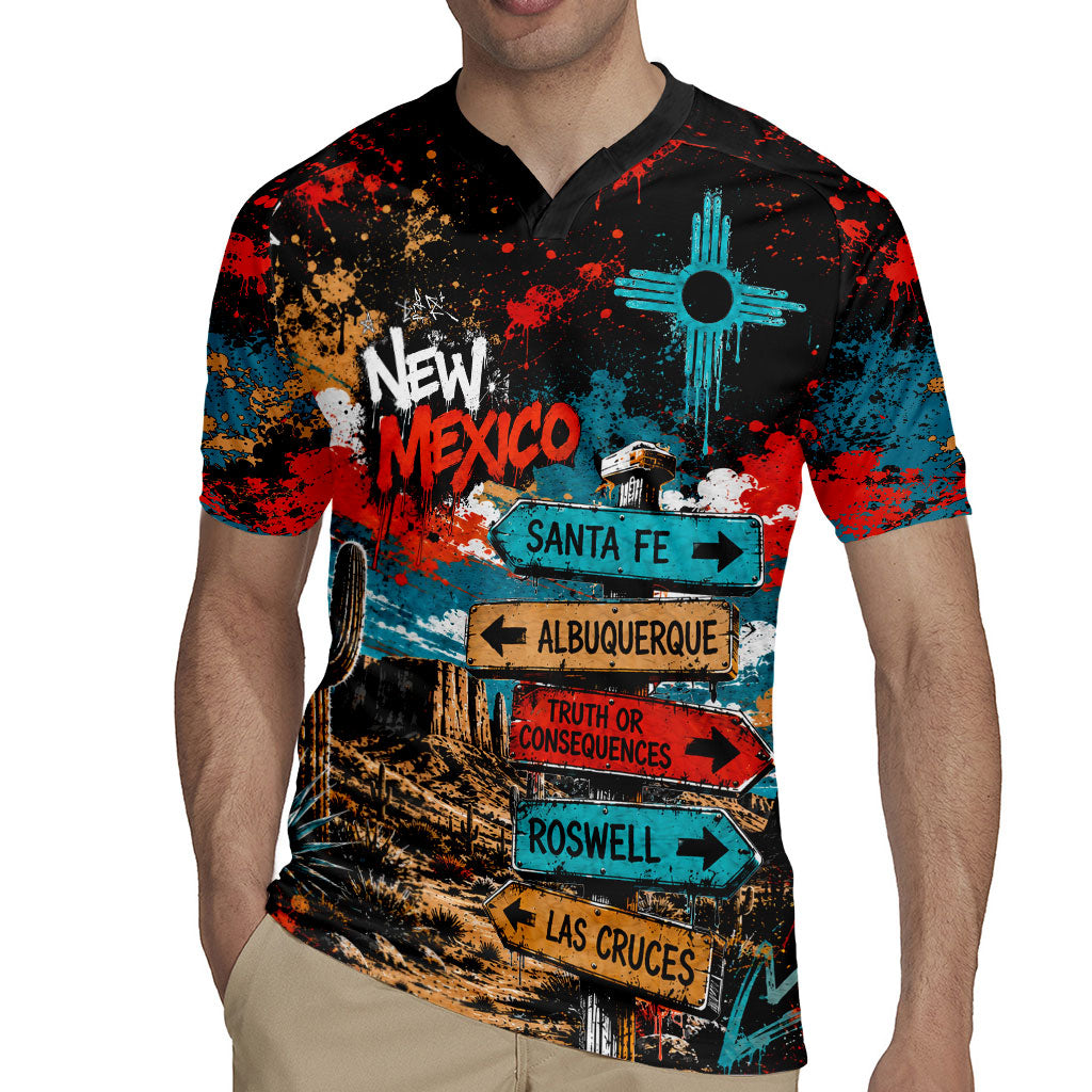 New Mexico Desert Road Sign Rugby Jersey Zia Symbol Grunge Paint Splatter Travel Graphic