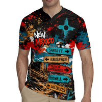 New Mexico Desert Road Sign Rugby Jersey Zia Symbol Grunge Paint Splatter Travel Graphic