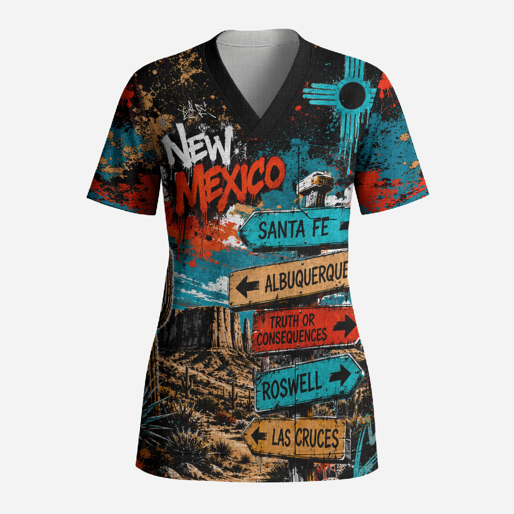New Mexico Desert Road Sign Scrub Top Zia Symbol Grunge Paint Splatter Travel Graphic