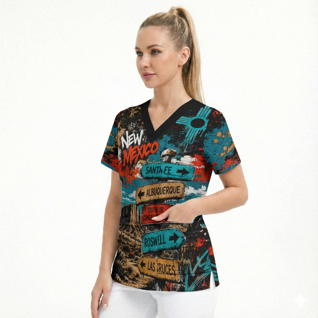 New Mexico Desert Road Sign Scrub Top Zia Symbol Grunge Paint Splatter Travel Graphic