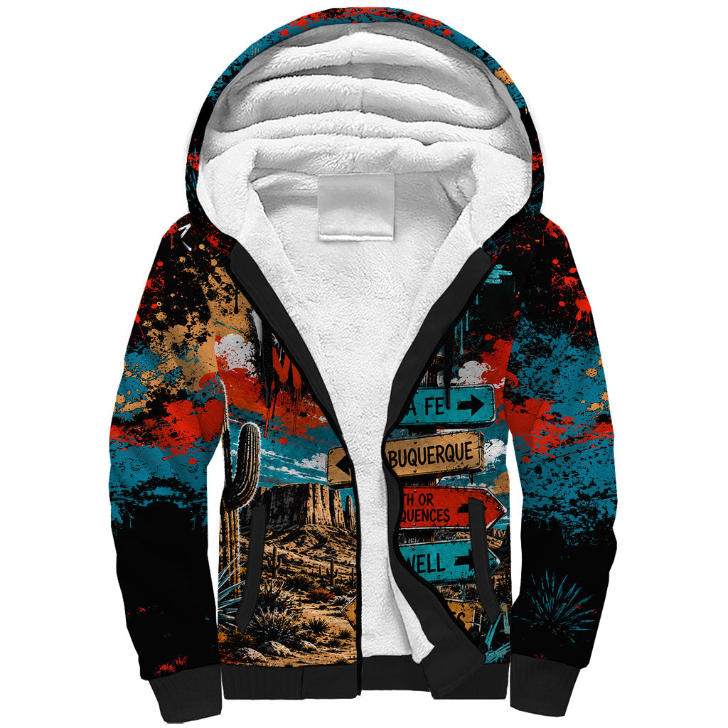 New Mexico Desert Road Sign Sherpa Hoodie Zia Symbol Grunge Paint Splatter Travel Graphic