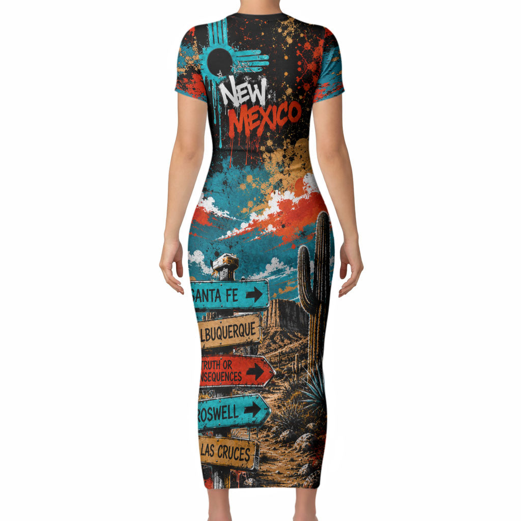 New Mexico Desert Road Sign Short Sleeve Bodycon Dress Zia Symbol Grunge Paint Splatter Travel Graphic