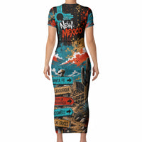 New Mexico Desert Road Sign Short Sleeve Bodycon Dress Zia Symbol Grunge Paint Splatter Travel Graphic