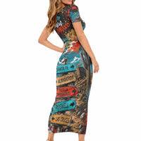 New Mexico Desert Road Sign Short Sleeve Bodycon Dress Zia Symbol Grunge Paint Splatter Travel Graphic
