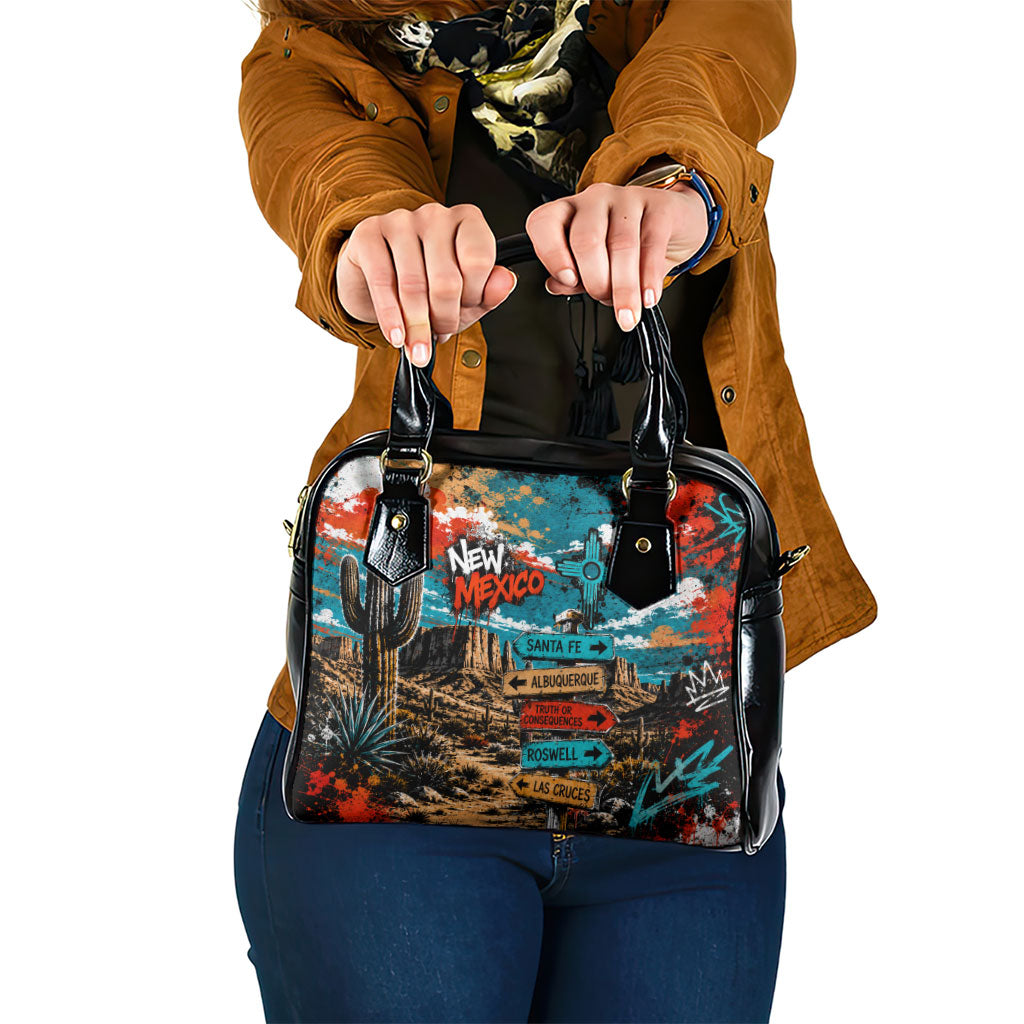 New Mexico Desert Road Sign Shoulder Handbag Zia Symbol Grunge Paint Splatter Travel Graphic