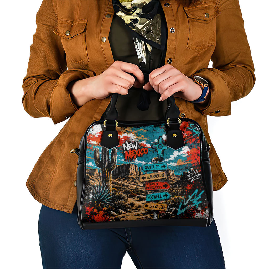 New Mexico Desert Road Sign Shoulder Handbag Zia Symbol Grunge Paint Splatter Travel Graphic