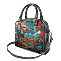 New Mexico Desert Road Sign Shoulder Handbag Zia Symbol Grunge Paint Splatter Travel Graphic
