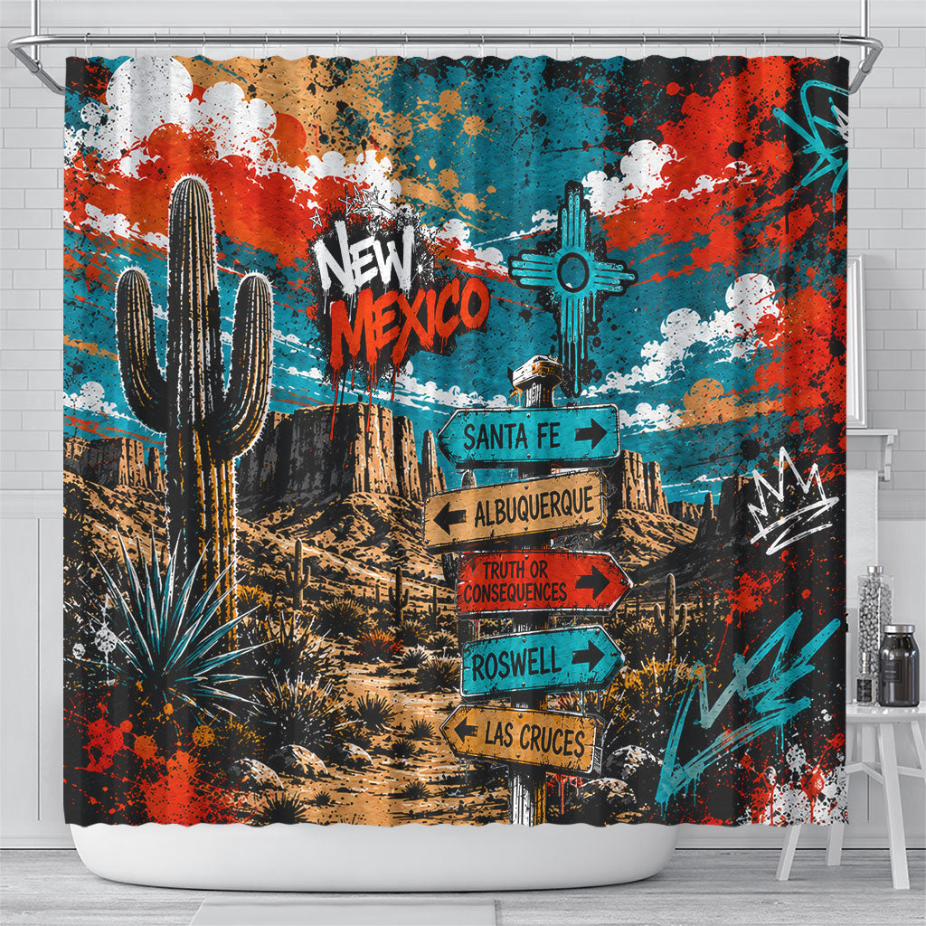 New Mexico Desert Road Sign Shower Curtain Zia Symbol Grunge Paint Splatter Travel Graphic