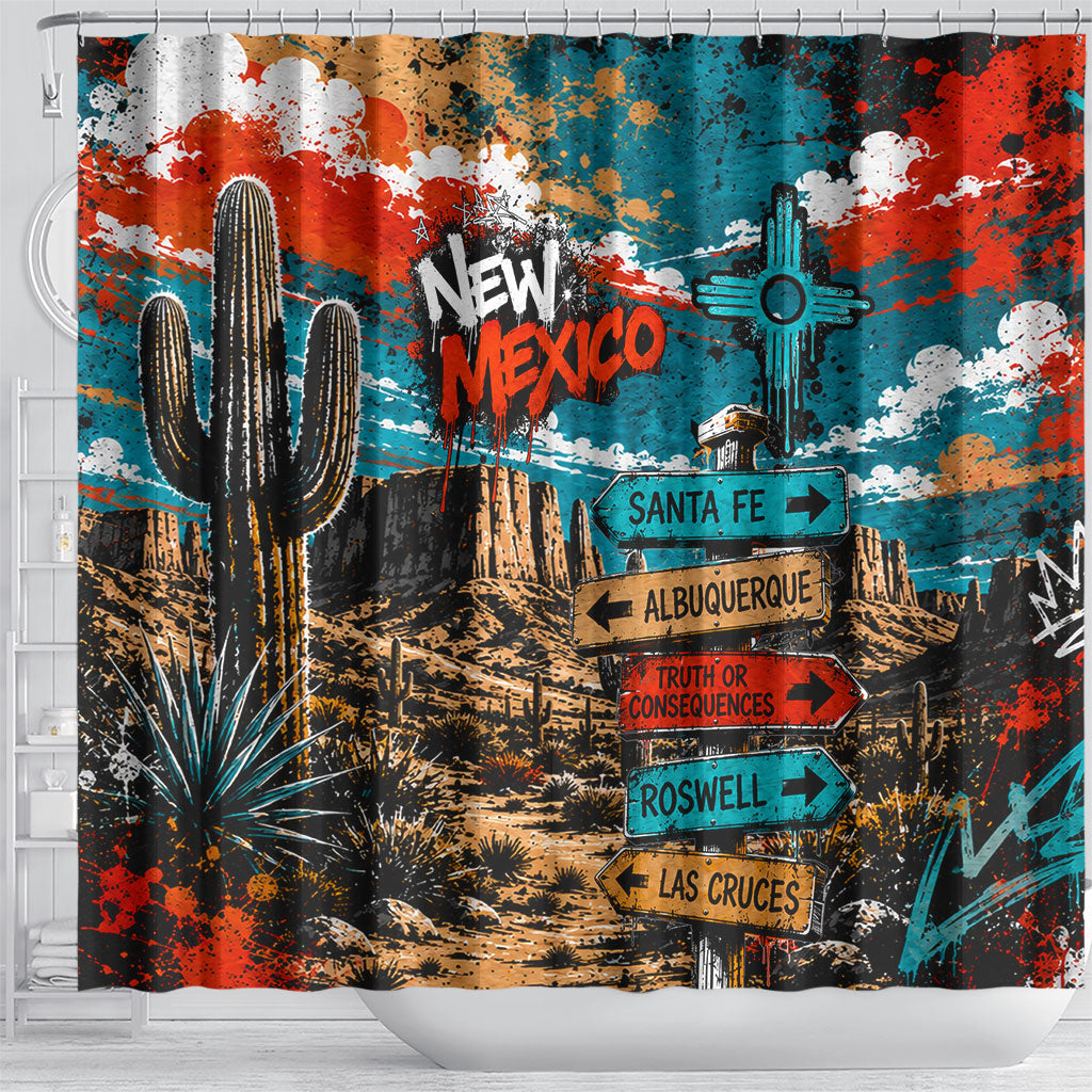 New Mexico Desert Road Sign Shower Curtain Zia Symbol Grunge Paint Splatter Travel Graphic