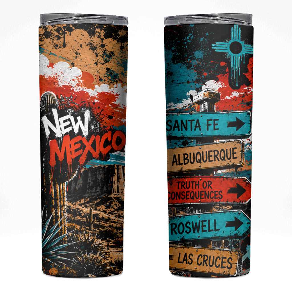 New Mexico Desert Road Sign Skinny Tumbler Zia Symbol Grunge Paint Splatter Travel Graphic