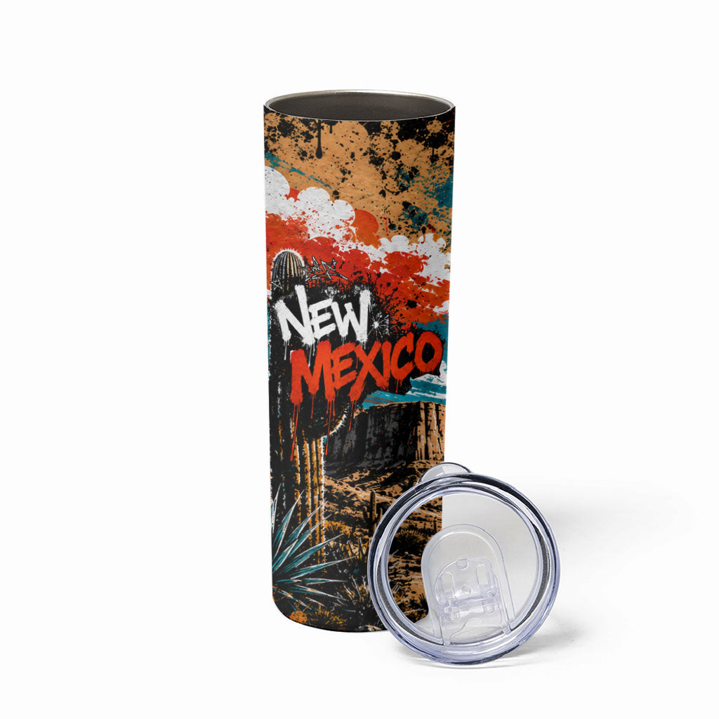 New Mexico Desert Road Sign Skinny Tumbler Zia Symbol Grunge Paint Splatter Travel Graphic