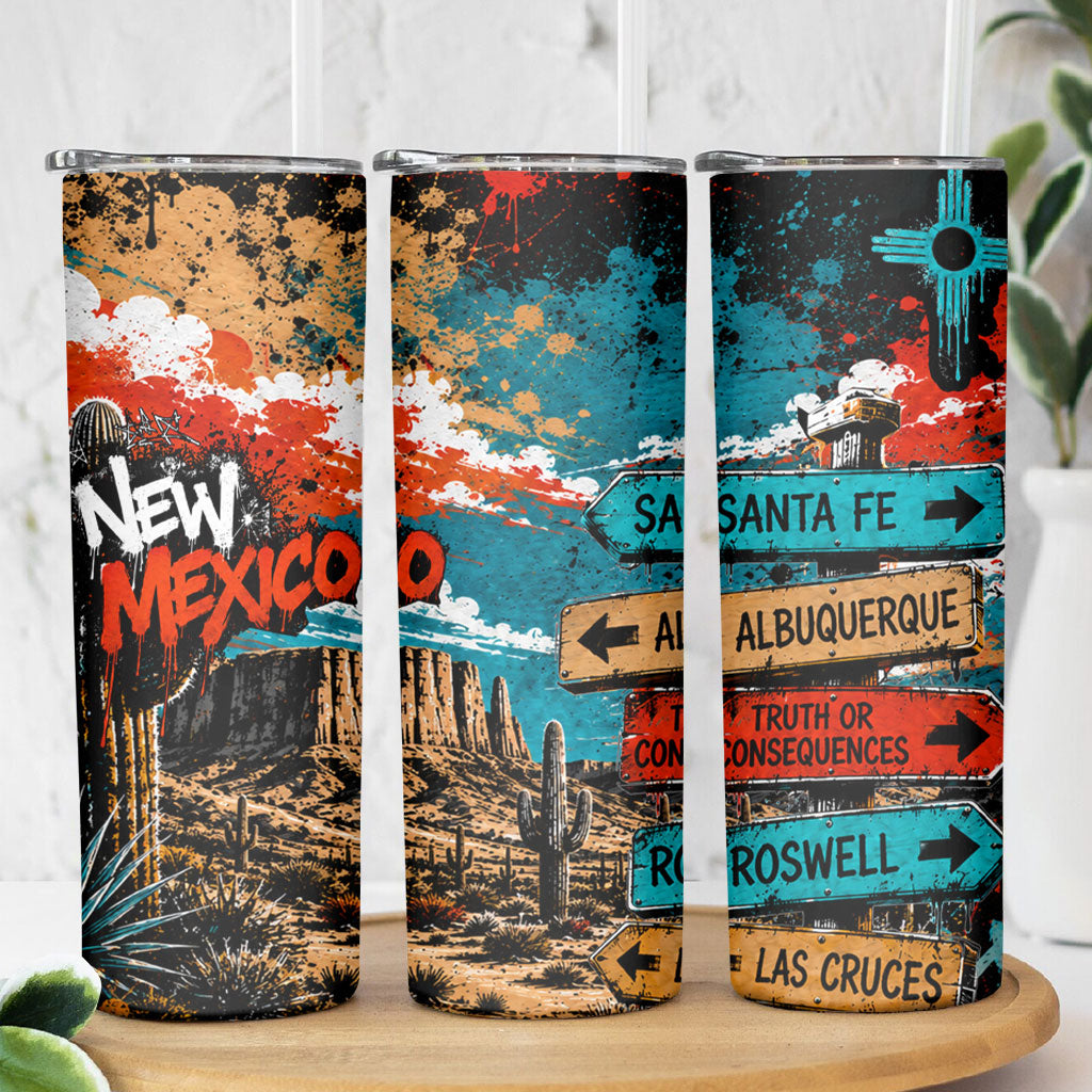 New Mexico Desert Road Sign Skinny Tumbler Zia Symbol Grunge Paint Splatter Travel Graphic