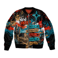 New Mexico Desert Road Sign Sleeve Zip Bomber Jacket Zia Symbol Grunge Paint Splatter Travel Graphic