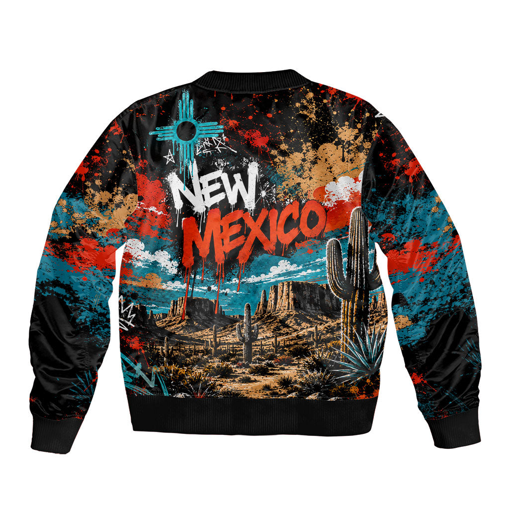 New Mexico Desert Road Sign Sleeve Zip Bomber Jacket Zia Symbol Grunge Paint Splatter Travel Graphic