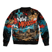 New Mexico Desert Road Sign Sleeve Zip Bomber Jacket Zia Symbol Grunge Paint Splatter Travel Graphic