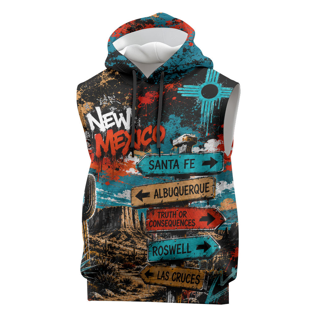New Mexico Desert Road Sign Sleeveless Hoodie Zia Symbol Grunge Paint Splatter Travel Graphic