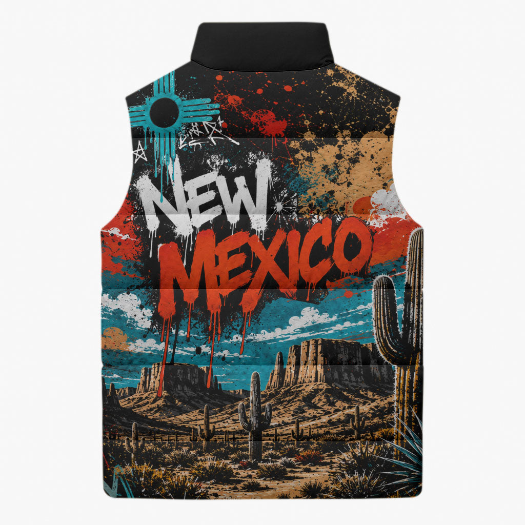 New Mexico Desert Road Sign Sleeveless Puffer Jacket Zia Symbol Grunge Paint Splatter Travel Graphic