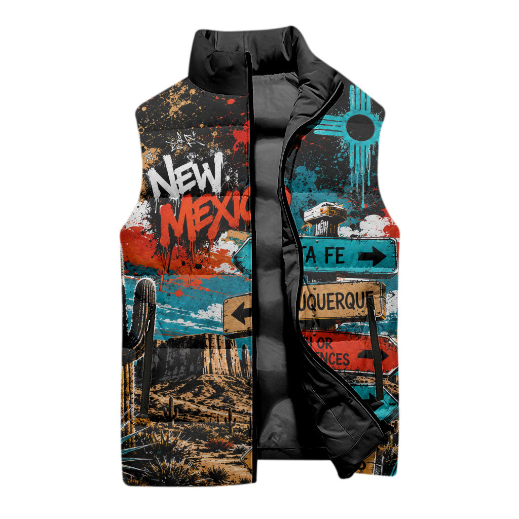 New Mexico Desert Road Sign Sleeveless Puffer Jacket Zia Symbol Grunge Paint Splatter Travel Graphic