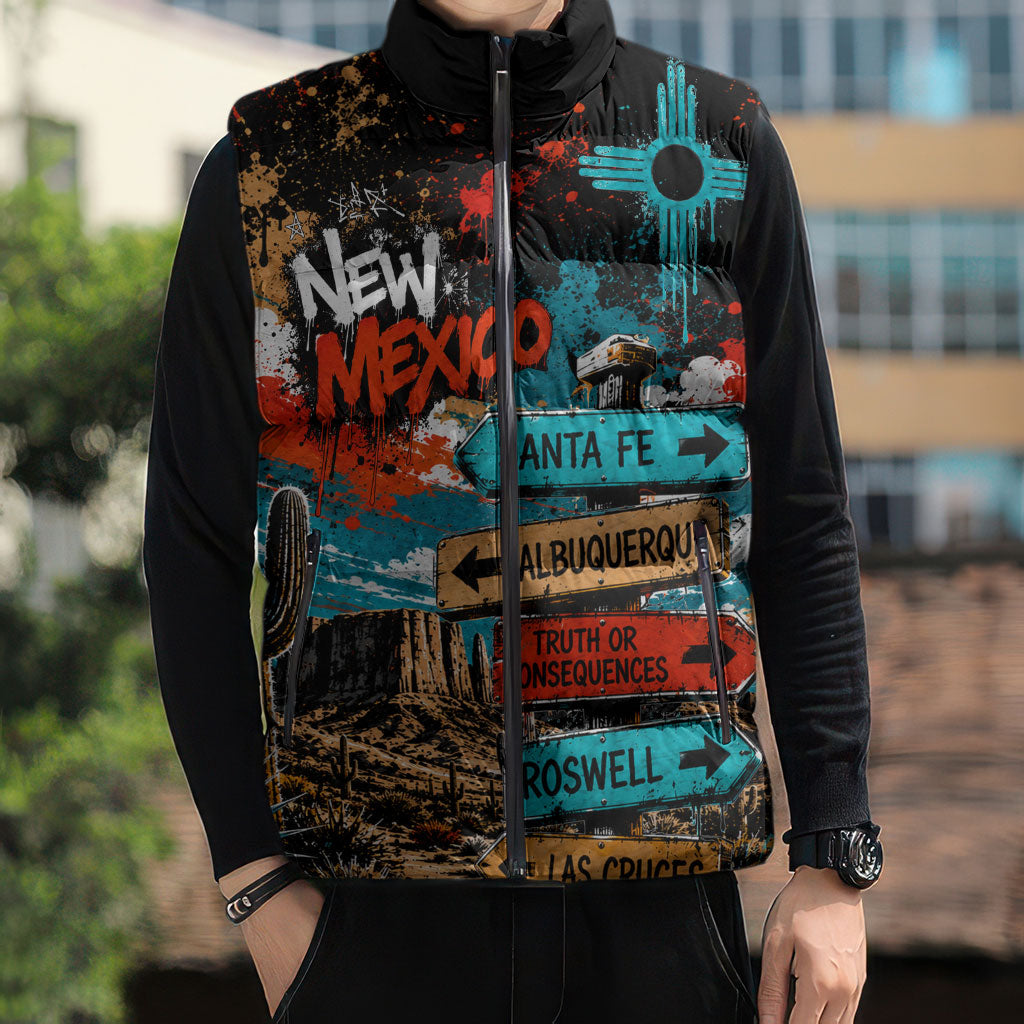 New Mexico Desert Road Sign Sleeveless Puffer Jacket Zia Symbol Grunge Paint Splatter Travel Graphic
